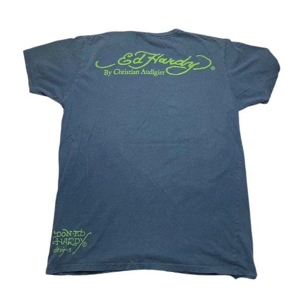 Vintage Y2K Ed Hardy T Shirt All Over Print Blue Green Size L - Picture 2 of 9
